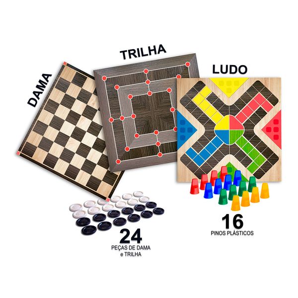 Jogo 3 em 1 ludo dama e trilha Pais & Filhos