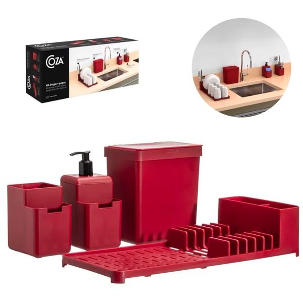 Kit organize sua pia single 4 peças plástico vermelho Coza