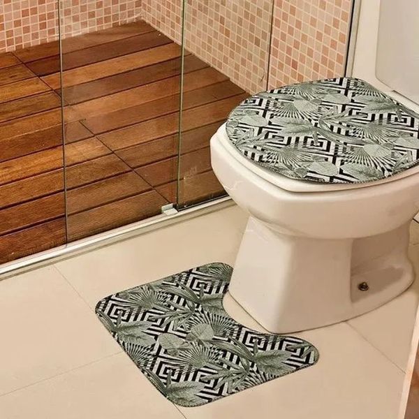 Jogo tapete para banheiro 2 peças folhagens verde Tapetes Júnior