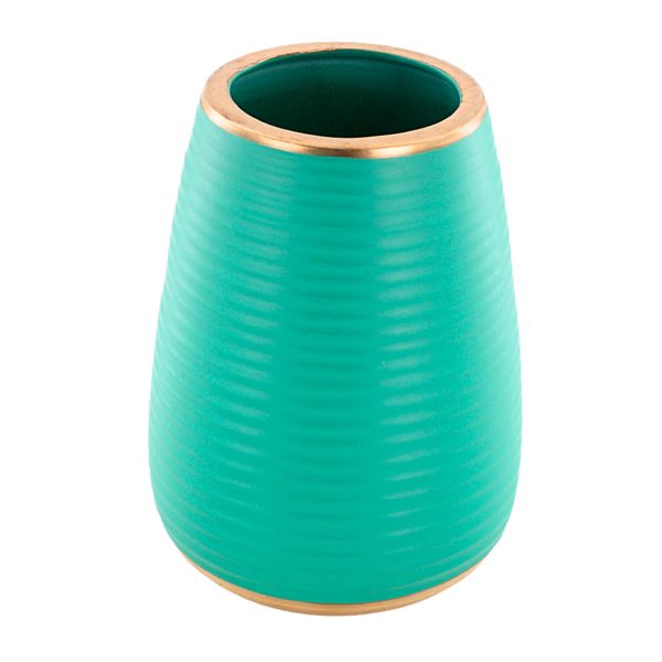 Vaso decorativo canelado de cerâmica verde turquesa com borda dourada Home Design