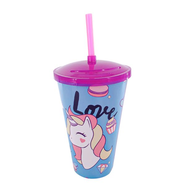 Copo plástico com tampa e canudo unicórnio 600ml Lummar
