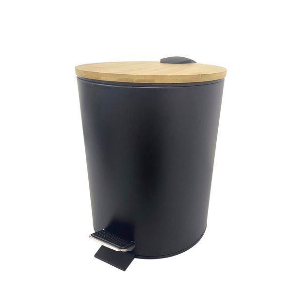 Lixeira pedal inox pintura preta com tampa bambu 3L DCasa