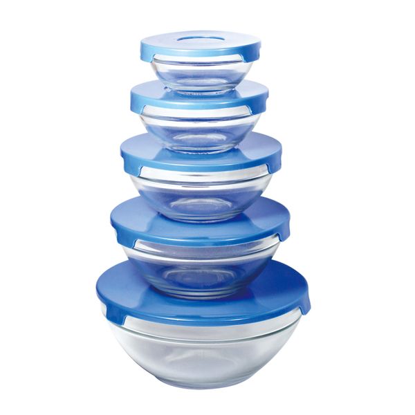 Jogo de potes vidro com tampa plástica azul 5 peças 102170 DCasa