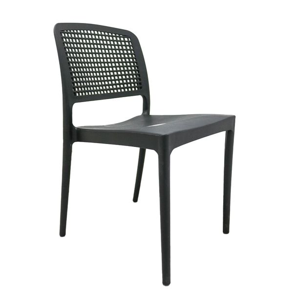 Cadeira Lara plástico preto design sofisticado com encosto vazado e detalhes quadrados exclusivo DCasa