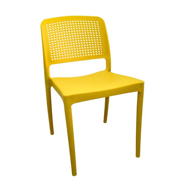 Cadeira Lara plástico amarelo design sofisticado com encosto vazado e detalhes redondos exclusivo DCasa