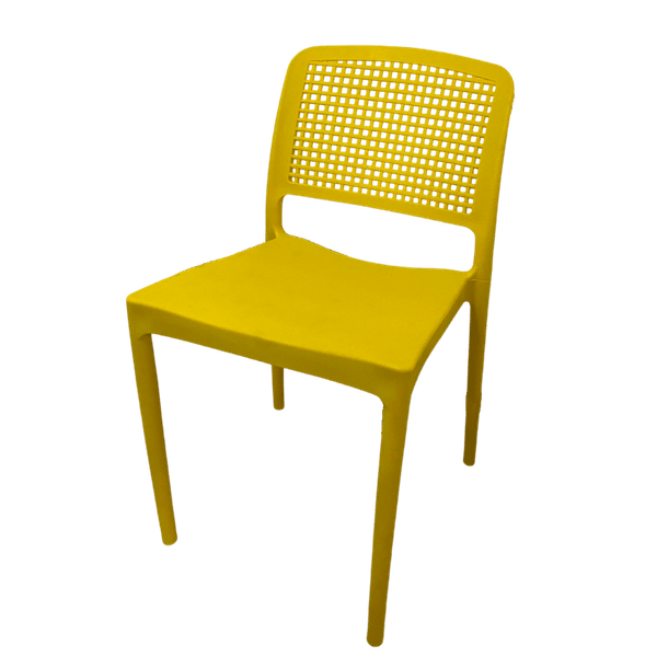 Cadeira Lara plástico amarelo design sofisticado com encosto vazado e detalhes quadrados exclusivo DCasa