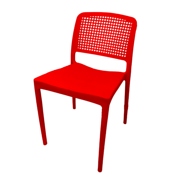 Cadeira Lara plástico vermelho design sofisticado com encosto vazado e detalhes quadrados exclusivo DCasa