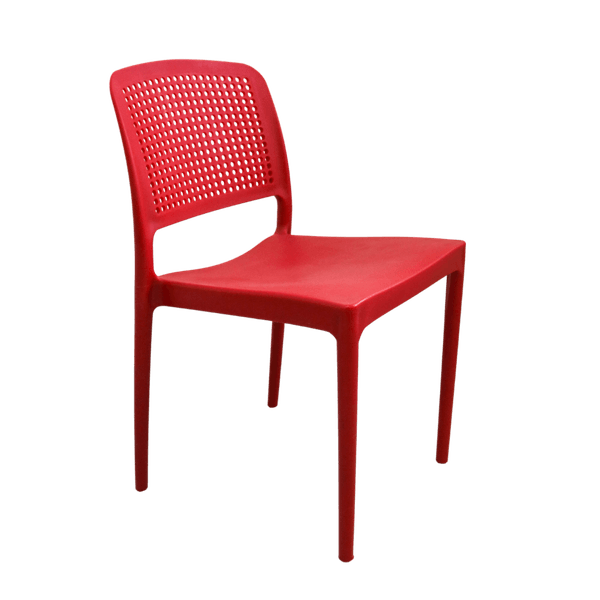 Cadeira Lara plástico vermelho design sofisticado com encosto vazado e detalhes redondos exclusivo DCasa